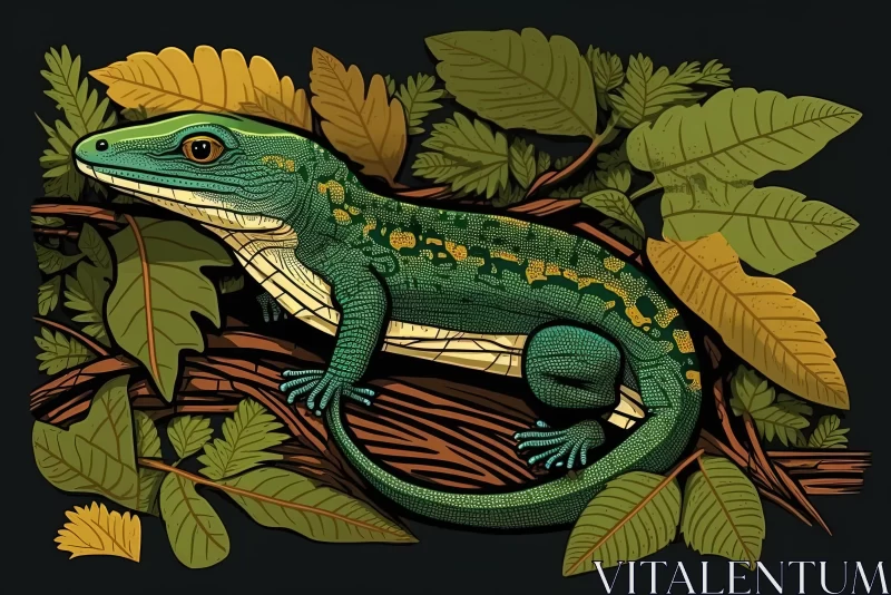 Green Lizard in Forest Foliage - Golden Age Illustration AI Image