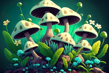 Mushroom Illustration in Cartoon Style with Volumetric Lighting AI Image