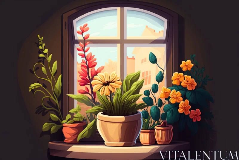 Warm Toned Illustration of Potted Flowers on a Window Sill AI Image