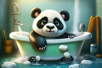 Adorable Cartoon Panda in Bathtub: A Detailed Isometric Illustration AI Image