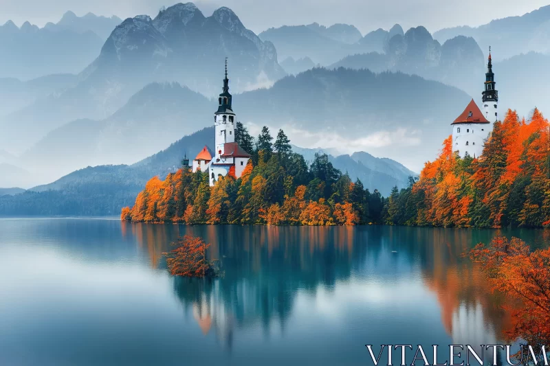 Autumn Foliage on Lake Bled, Slovenia - Gothic Influence AI Image