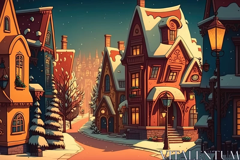 Christmas Village Night Scene - A Charming Art Nouveau Illustration AI Image