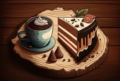 Fantasy Style Illustration of Coffee and Cake