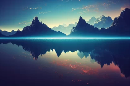 Sci-Fi Landscape: Mountains Reflecting in Lake at Night