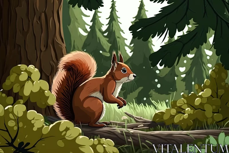 Scottish Brown Squirrel in Cartoon Realism Forest Illustration AI Image