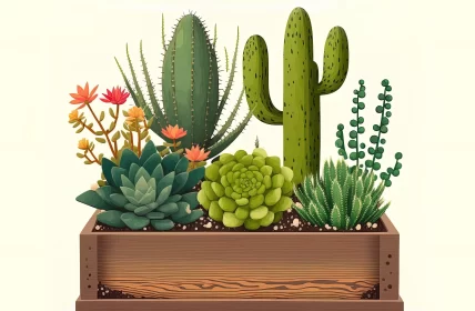 Detailed Illustration of Cactus Plants in a Wooden Planter