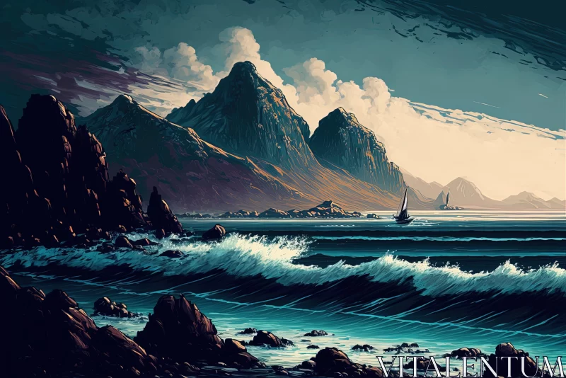 Sailing Boats and Crashing Waves: A Moody Fantasy Landscape AI Image