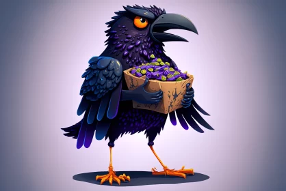Fun Cartoon Raven Carrying Purple Fruits AI Image