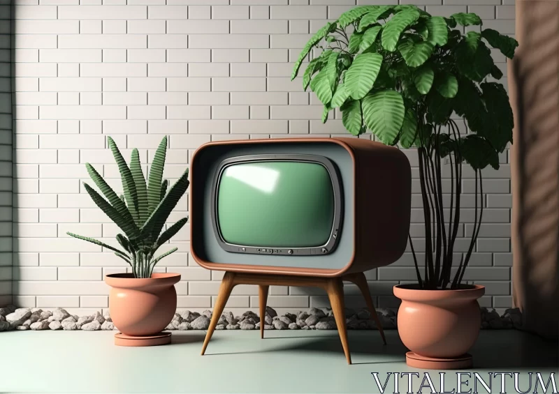 Retro Television and Potted Plants - A Bold Interior Scene AI Image