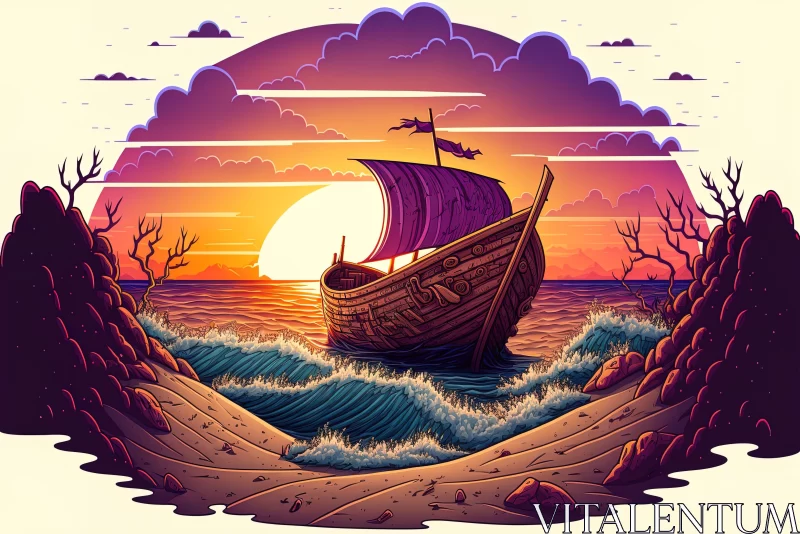 Art Nouveau-Inspired Ocean Sunset with Boat Illustration AI Image