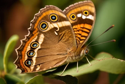 Brown and Gold Butterfly with Spotted Wings on a Leaf AI Image