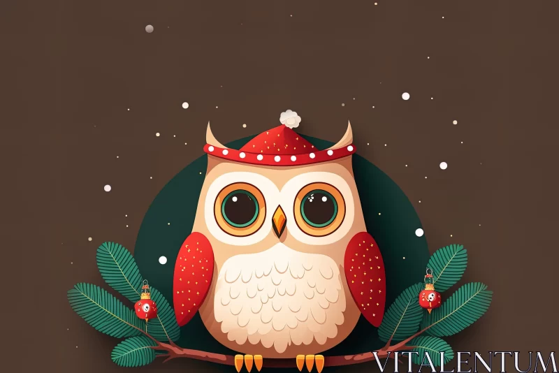 Charming Christmas Owl on Tree Illustration AI Image