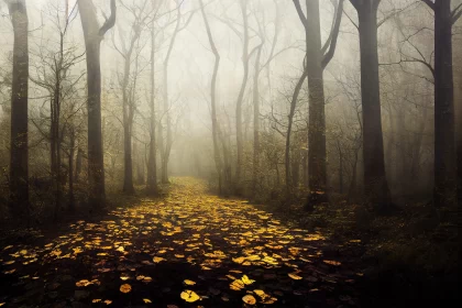 Fairytale-Inspired Foggy Forest Path in Dark Yellow and Gold