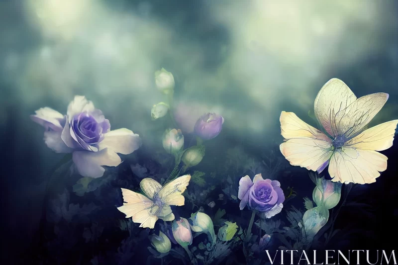 Flowers and Butterflies: A Dreamy Impressionistic Garden Scene AI Image