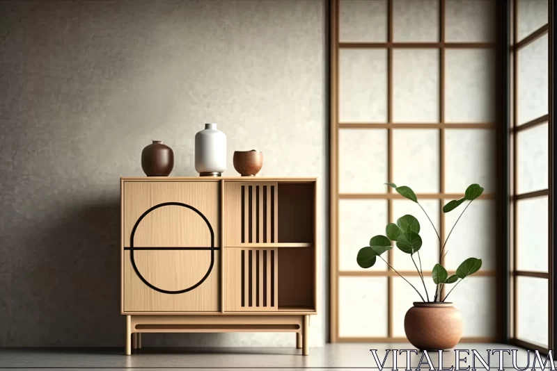 Minimalistic Japanese Home - Wooden Cabinet with Natural Planters AI Image
