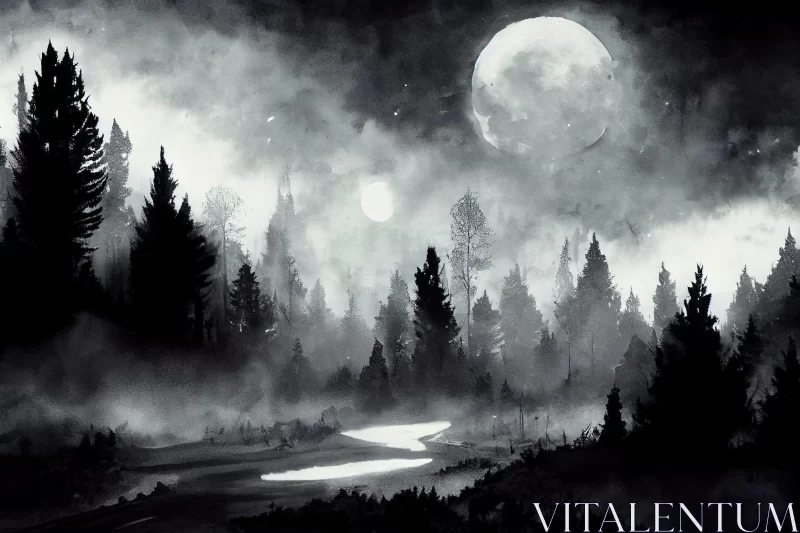 Moon Over Misty Forest in Black and White - Watercolor Landscape