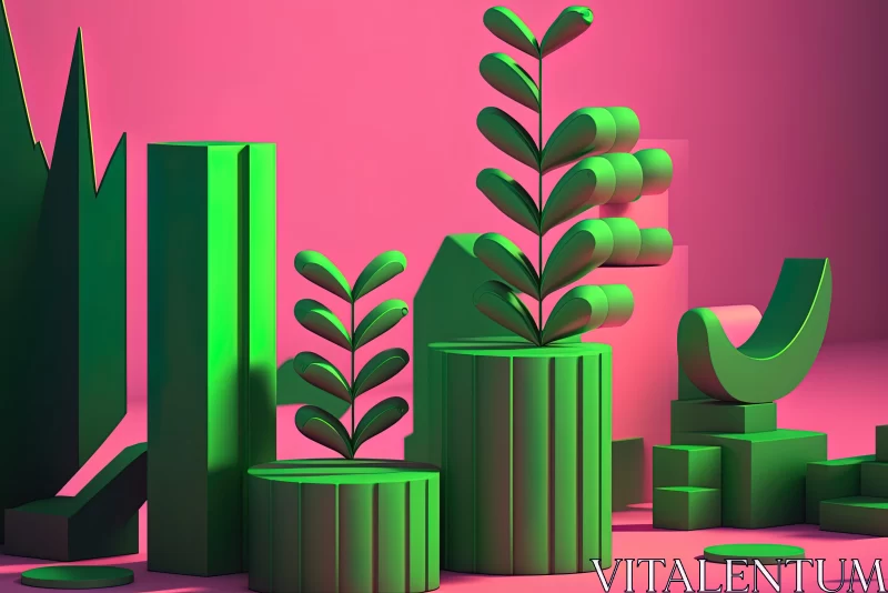 3D Abstract Art - Green Plants and Pink Sculptures Minimalist Design AI Image