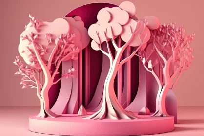 3D Paper Art of Pink Trees: A Nature-Inspired Installation AI Image