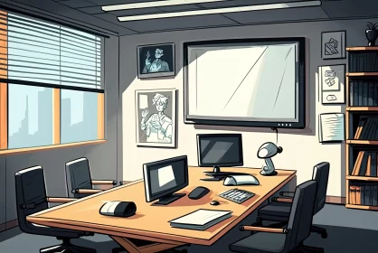 Cyberpunk Manga-Inspired Cartoon Meeting Room AI Image