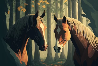 Enchanting Forest Horses - Detailed Graphic Illustration