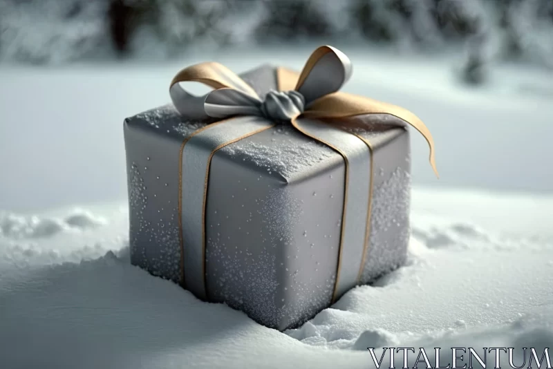 Silver and Gold Christmas Present in Snow AI Image