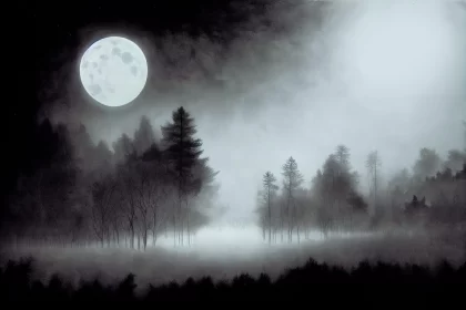 Mystical Full Moon Night in Foggy Woodland Goth Forest