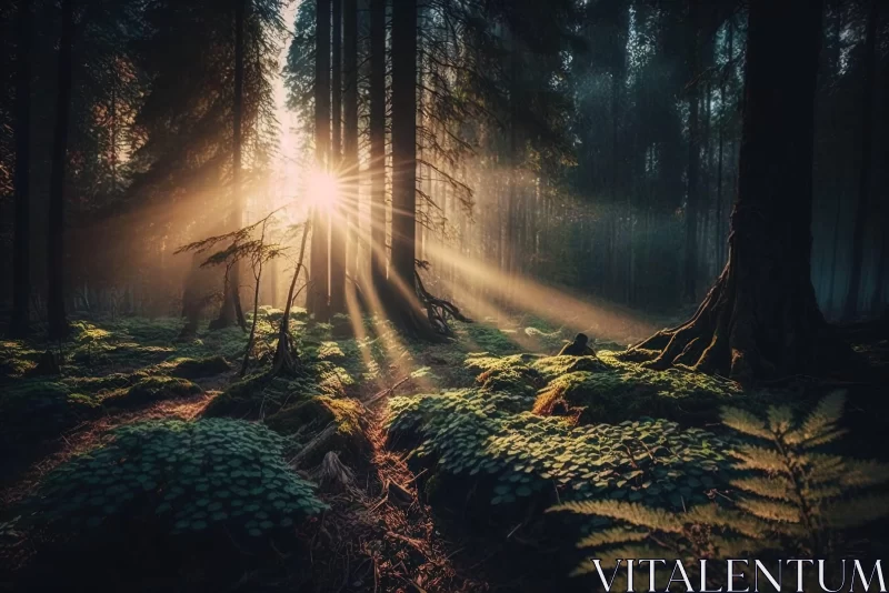 Sunlight Through Forest: A Mystic Adventure AI Image