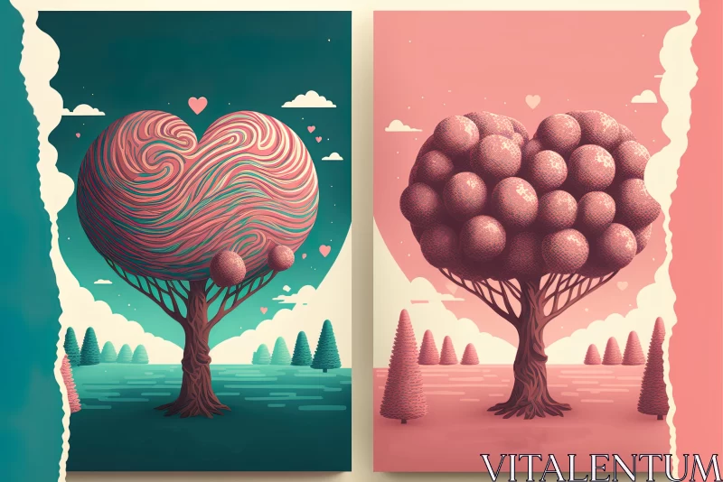 Surreal 3D Landscape Illustrations of Trees and Hearts AI Image