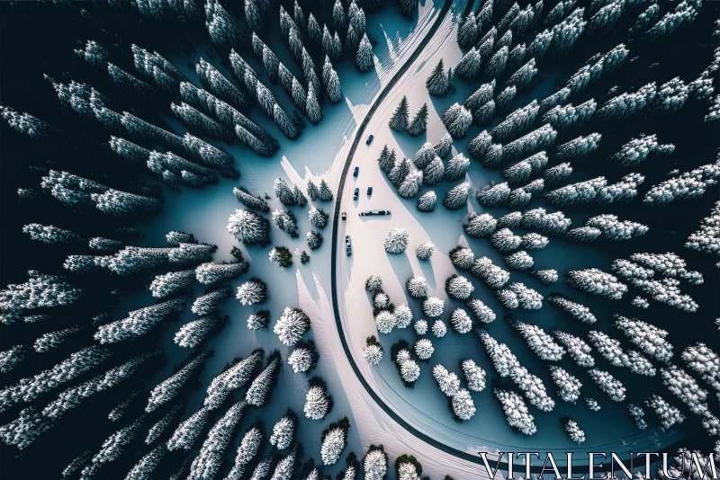 Aerial View of Snowy Forest Road - Nature Wonders AI Image