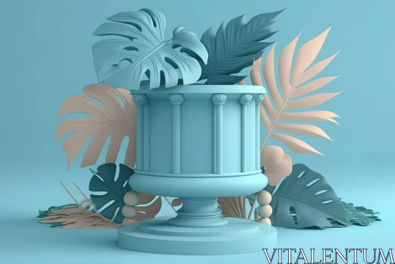 Baroque-Style Planter Urn with Palms on Blue Background AI Image