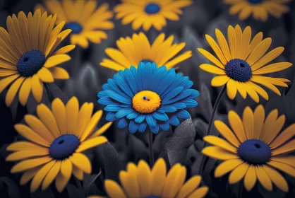 Blue and Yellow Flowers Against Dark Background