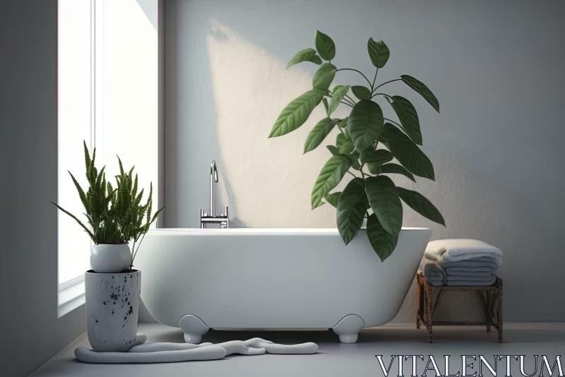 Eco-friendly Bathroom Interior with Plants and Bathtub AI Image
