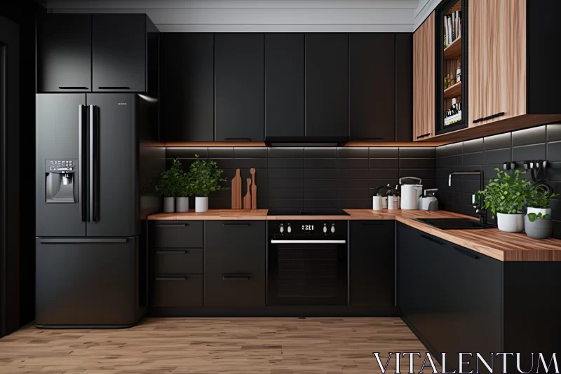 Modern Kitchen with Black Cabinets and Wooden Floors AI Image