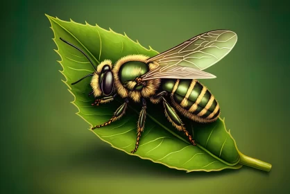 Bee on Leaf - Realistic and Detailed Illustration AI Image