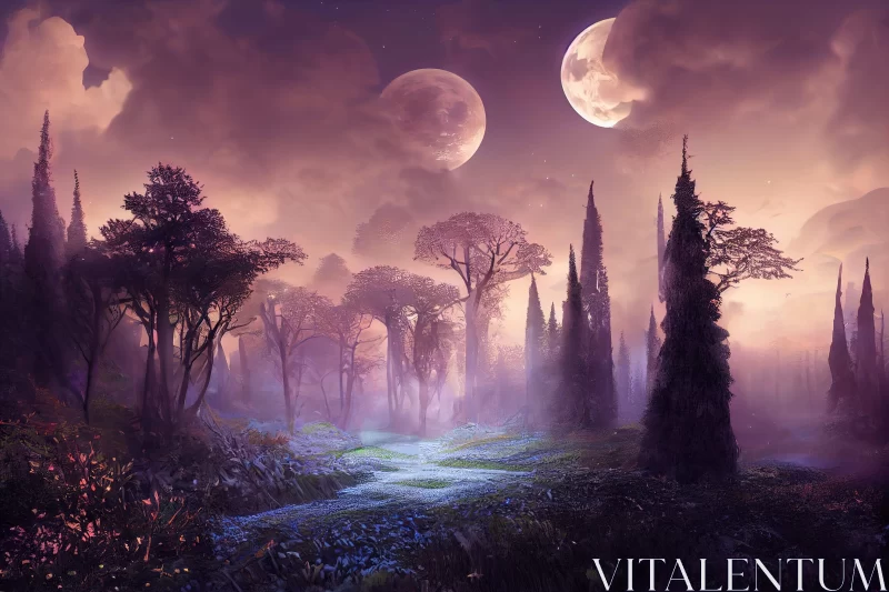 Moonlit Fantasy Forest with Exotic Purple Flowers AI Image