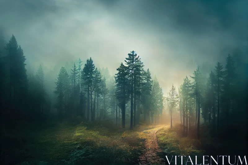Mystical Foggy Forest with Golden Lit Path AI Image