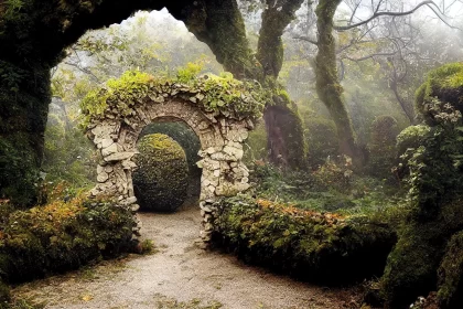 Mystical Forest Pathway: Fairytale Garden with Arched Doorways
