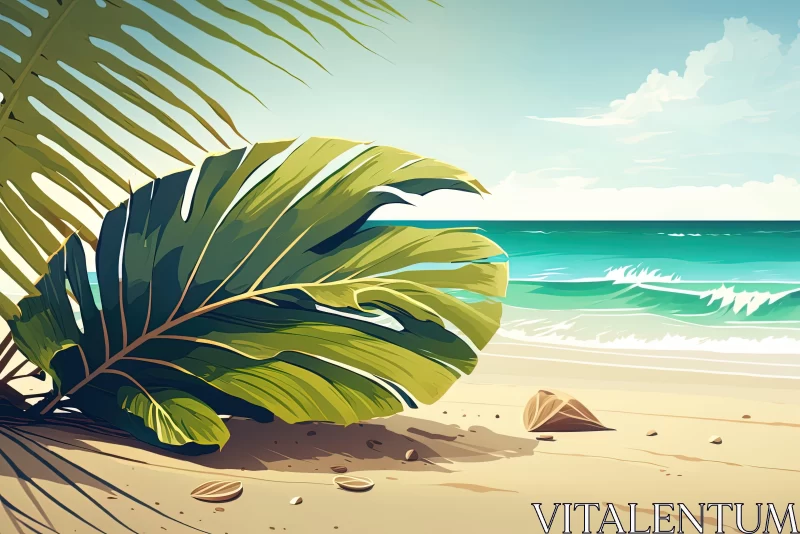 Tropical Beach with Palm Leaves and Waves - Cartoon Compositions AI Image
