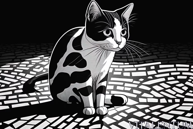 Black and White Cartoon Cat on Cobblestone - Graphic Illustration AI Image