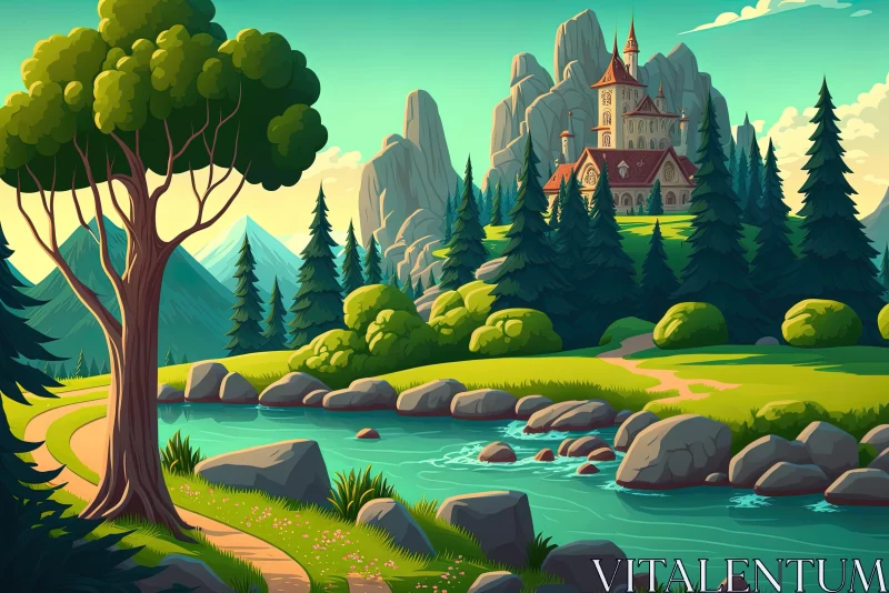 Cartoon Castle in Lush Landscape - Nature's Wonderland AI Image
