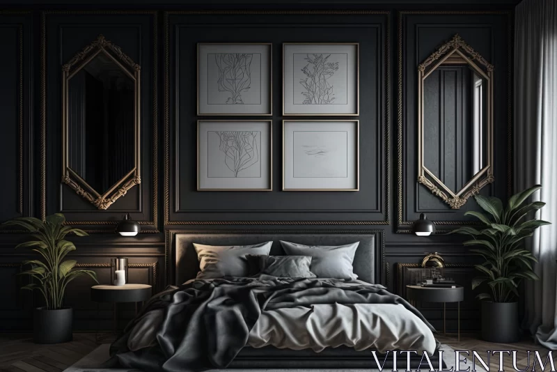 Gothic Bedroom with Black Walls and Gold Accents AI Image