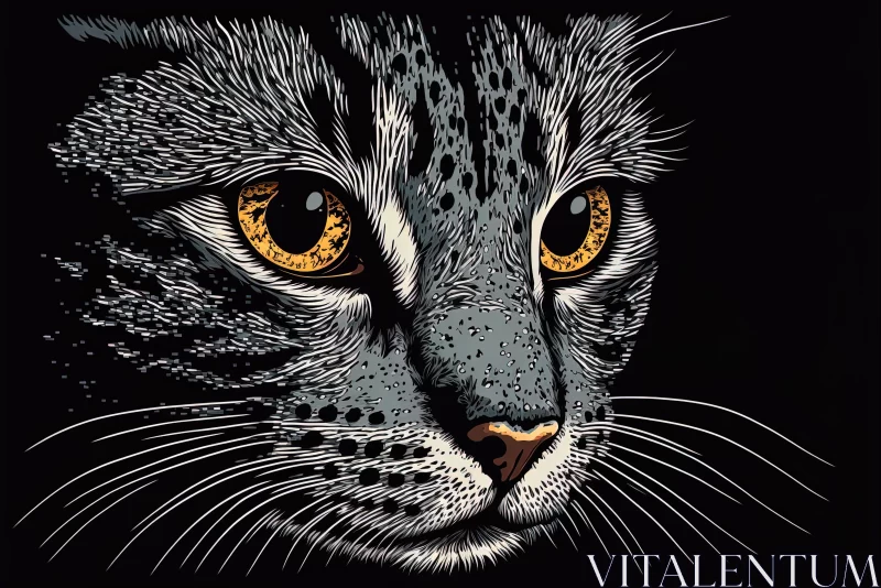 Intricate Wood Engraving Style Cat Portrait with Yellow Eyes AI Image
