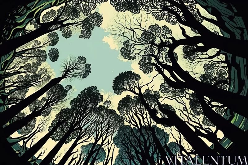 Nostalgic Forest Illustration in Sky-blue and Black AI Image