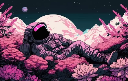 Psychedelic Spacescape: An Astronaut Amidst Pink Flora AI Image