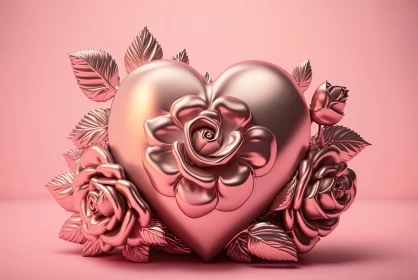 Romantic Gold Rose Heart Artwork on Pink Background AI Image