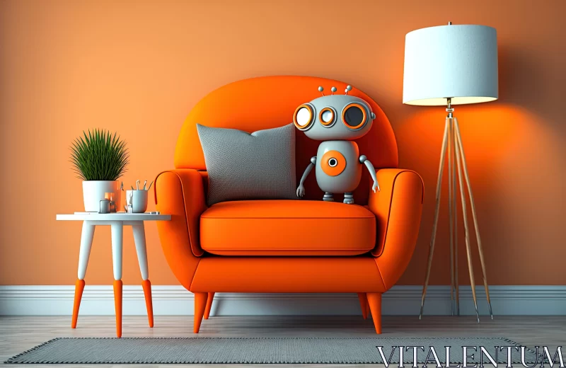 Orange Robot in Chair: A Modern, Monochromatic Interior Scene AI Image