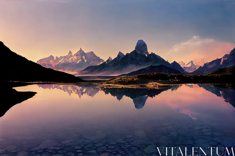 Mountain Range Reflection in Lake at Sunset - Futuristic Landscape Panorama AI Image