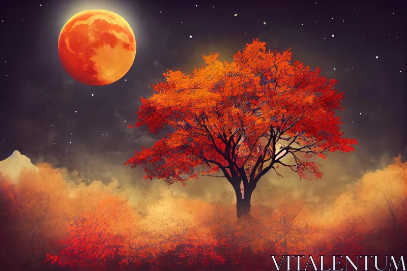 Romantic Halloween Fantasy: Orange Tree Under a Crimson Sky AI Image