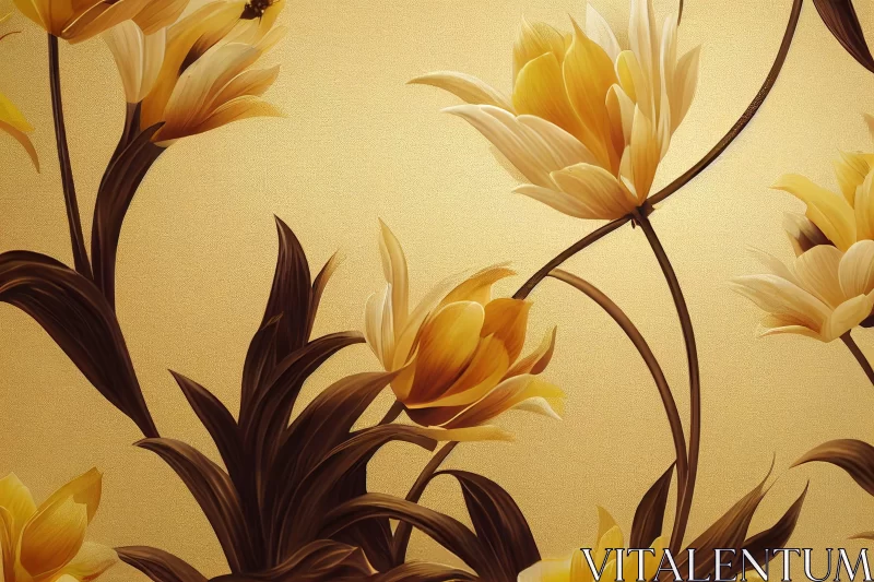 Yellow and Brown Flowers on Beige Textured Wallpaper AI Image