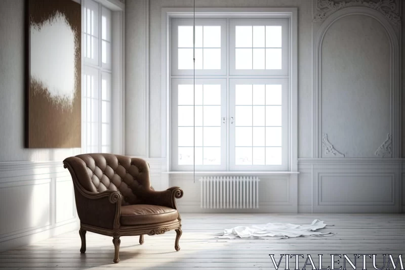 Classical Realism in Interior Design: Leather Chair in White Room AI Image